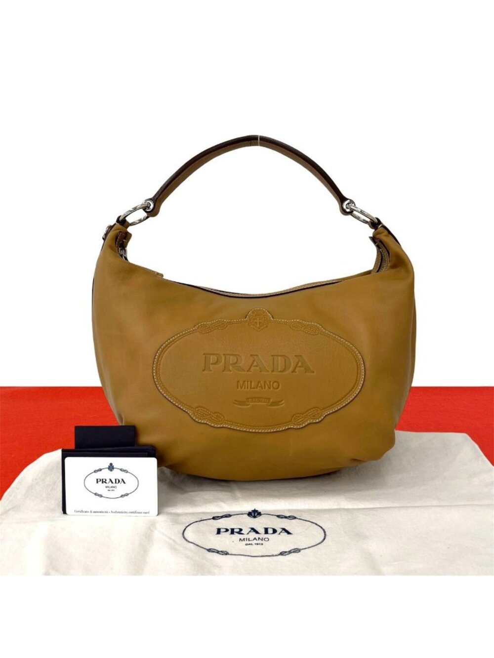 Prada Logo Stamp Leather Shoulder Bag Tote Beige